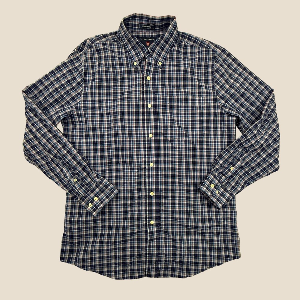 Saddlebred Button Down Mens Medium Blue Plaid Wrinkle Free Long Sleeve